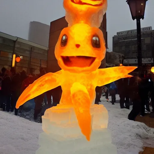 Prompt: ice sculpture of charmander made of ice, photography