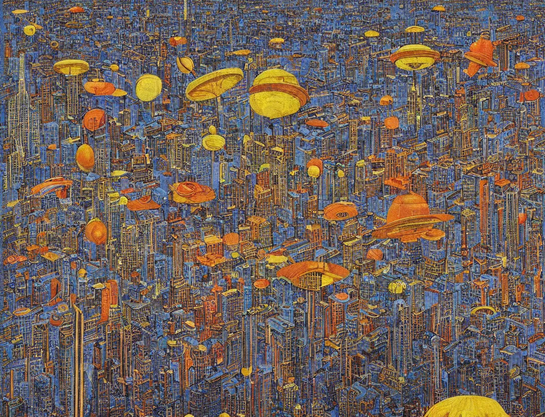 Prompt: ufos flying mysterious banners over the city, brutalist, by mati klarwein and moebius