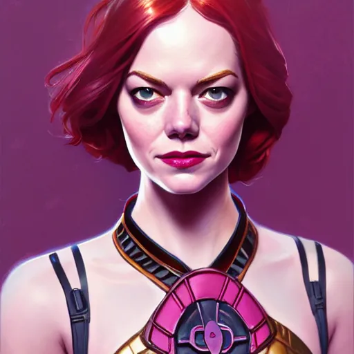 Image similar to beautiful Emma Stone as Gwenpool, western, closeup, D&D, fantasy, intricate, elegant, highly detailed, digital painting, artstation, concept art, matte, sharp focus, illustration, art by Artgerm and Greg Rutkowski and Alphonse Mucha