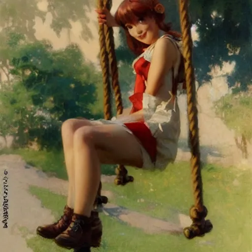 Prompt: a portrait of a cute anime girl on swing, smiling coy, painting by gaston bussiere, craig mullins, j. c. leyendecker