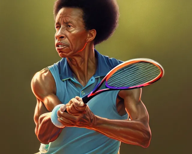 Image similar to mindblowing, arthur ashe playing tennis, deep focus, beautiful, highly detailed, digital painting, artstation, concept art, matte, sharp, illustration, hearthstone, art by artgerm and greg rutkowski and alphonse mucha