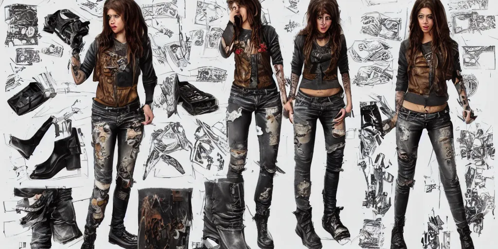 Image similar to anne winters fully tattooed, wearing scratched and ripped short leather jeans, wearing an aviator outfit with a smiley stamp on its back, character sheet, fine details, props, concept design, contrast, kim jung gi, greg rutkowski, trending on artstation, 8 k, full body, turnaround, front, back, ultra wide angle