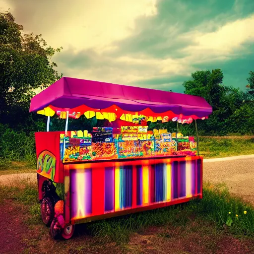 Prompt: super colorful pop rock candy, fruit stand on the side of a country dirt road, dramatic lighting, cinematic lighting, partly cloudy, 8 k, 4 k, trending on artstation cgsociety, octane ue 5