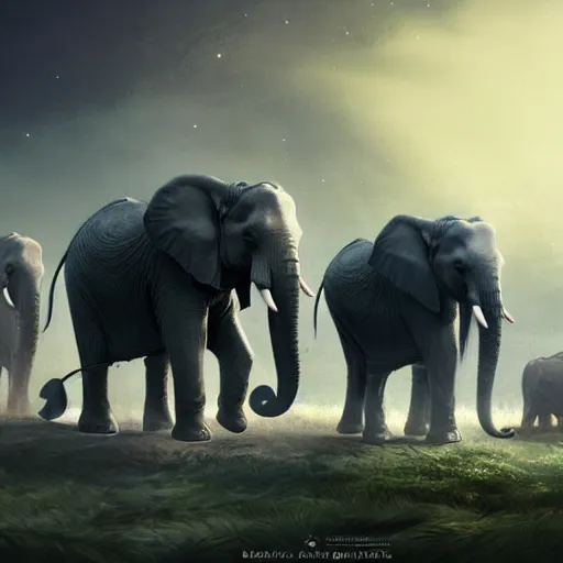 Prompt: world of elephants as the smartest creatures of the universe, galaxies, magical world, by greg rutkowski, sung choi, photo realistic, 8 k, cinematic lighting, hd, atmospheric, hyperdetailed, trending on artstation, devainart, digital painting, glow effect