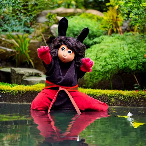 Image similar to a fluffy brown velveteen karate loving muppet with bunny ears and wearing a dark ninja robe with a red belt and practicing her karate out in nature by a koi pond, photorealistic, photography, ambient occlusion, rtx, national geographic, sesame street