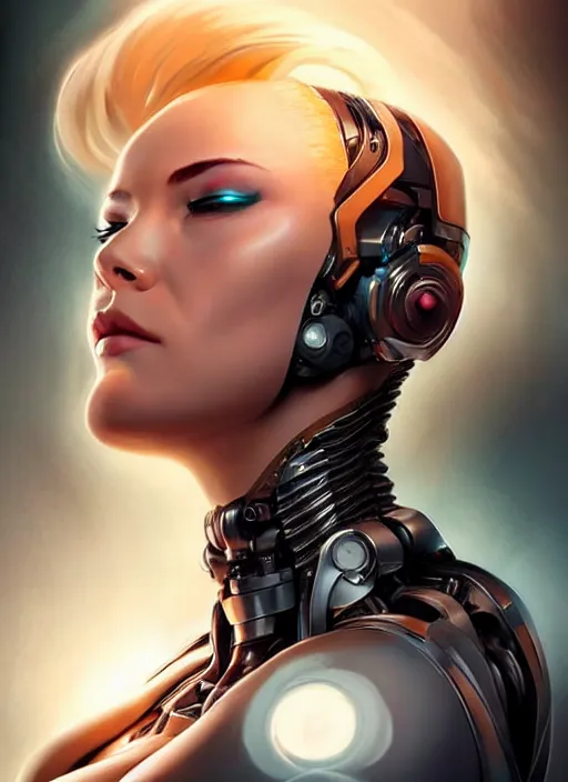 Image similar to portrait of a cyborg woman who turns her head to the (((((right))))) (((((left))))) (((((up))))) down!! by Artgerm,eyes closed , biomechanical, hyper detailled, trending on artstation