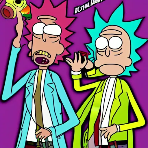 Prompt: rick & morty poster in the style of bill & ted ’ s excellent adventure, adult swim art style, trending on artstation