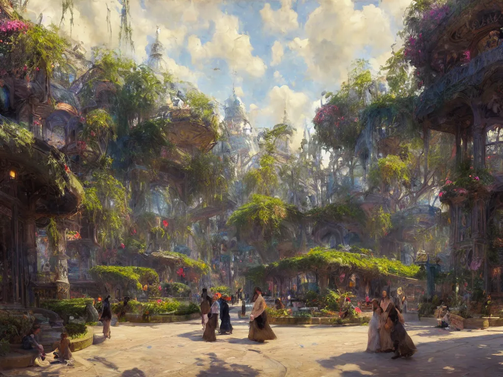 Image similar to impressionist brushstrokes!!!! solomon joseph solomon and richard schmid and jeremy lipking victorian loose genre loose painting of a busy elaborate ornate outdoor sci - fi park, cinematic, shadows, partly cloudy day, 4 k, detailed, by ( ( ( zaha hadid and beeple ) ) )