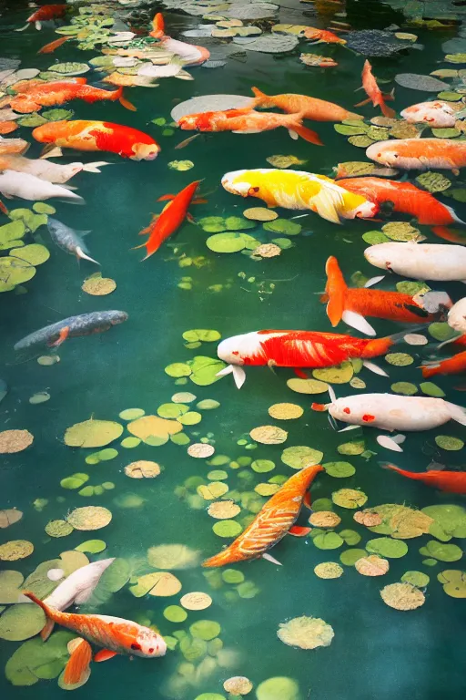 Image similar to nenufar in a pond surrounded by koi carp, colorful, blue backgroung,clean, joyful, intricate, elegant, volumetric lighting, scenery, digital painting, highly detailed, artstation, sharp focus, illustration, concept art, ruan jia, steve mccurry