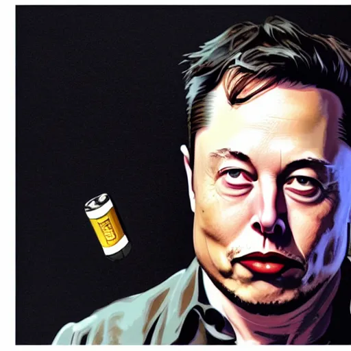 Prompt: Elon musk chewing on a battery in a dark cave and feeling sad, photorealistic