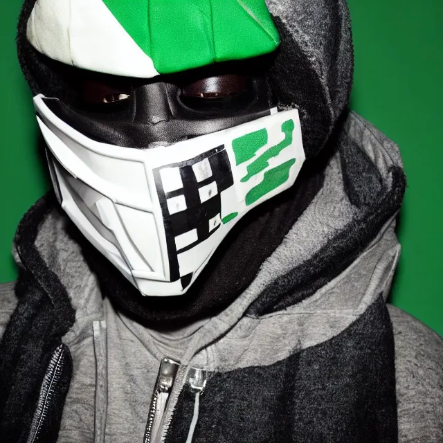 Prompt: a close-up black-and-white studio portrait of MF Doom wearing his mask and a plaid green and white ushanka hate. Madvillain album cover