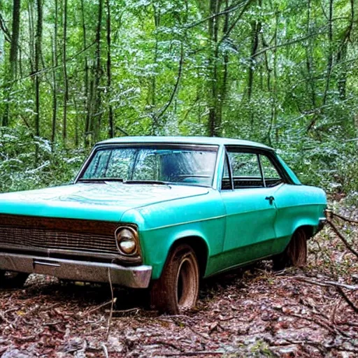 Prompt: a 1967 Chevy Nova abandoned in the middle of a forest