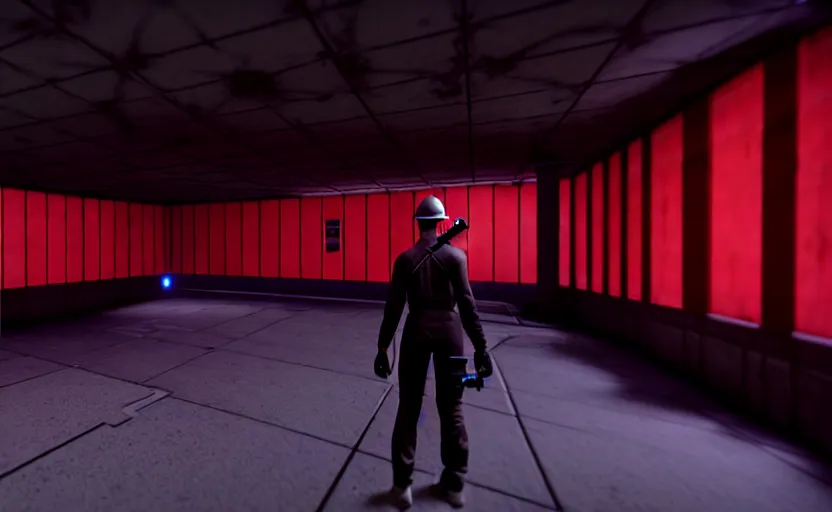 Image similar to in-game screenshot of a dark red hazmat scientist holding a gun walking on unreal engine 5, in a liminal underground garden, photorealistic, retrofuturism, brutalism, staggered terraces, minimalist