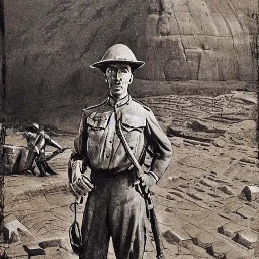 Image similar to ultra detailed photorealistic sepia - toned photograph from 1 9 1 7, a british officer in field gear standing at an archaeological dig site near petra jordan, ultra realistic, painted, intricate details, lovecraft, atmospheric, dark, horror, brooding, highly detailed, by angus mcbride