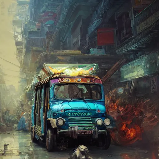 Prompt: an expressive painting of a filipino jeepney driving in the crowded dirty streets of the Philippines , hearthstone coloring style, artwork by greg rutkowski, epic fantasy style art, highly detailed, 8k resolution, hyperrealistic, Maya render