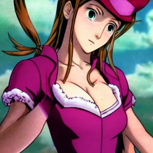 Image similar to aerith gainsborough in jojos bizarre adventure, high quality