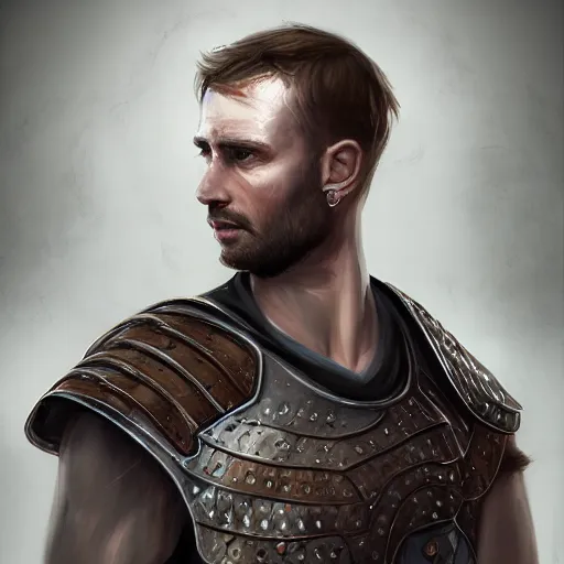 Prompt: realistic portrait, 30 year old man :: athletic, metal cuirass, majestic, authority :: high detail, digital art, RPG, concept art, illustration