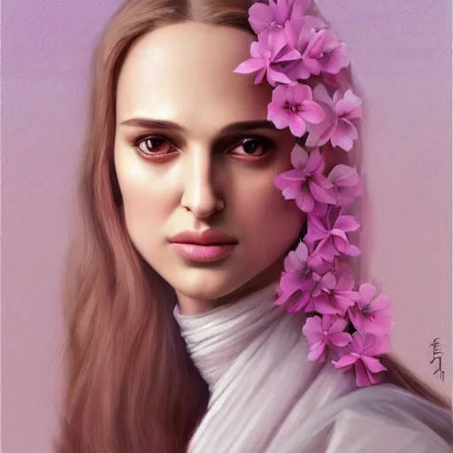 Image similar to the professional, pink petals with a a bored natalie portman mixed with mona lisa, intricate, elegant, highly detailed, wonderful eyes, sweet, digital painting, artstation, concept art, smooth, sharp focus, illustration, art by artgerm and greg rutkowski and concept art, rectilinear vaporwave