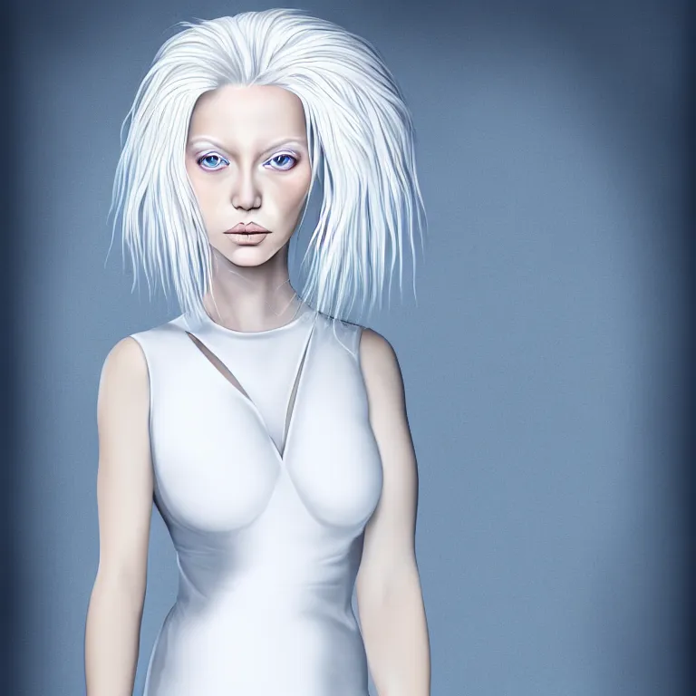 Image similar to professional digital art portrait of a wonderful symmetrical albino goddess with a fuffy white hair and dressed with a majestic sem transparent cotton dress