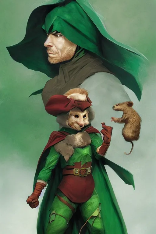 Prompt: portrait of the mousefolk hunter wearing green cape and hood by artgerm and Craig Mullins, James Jean, Andrey Ryabovichev, Mark Simonetti and Peter Morbacher 16k