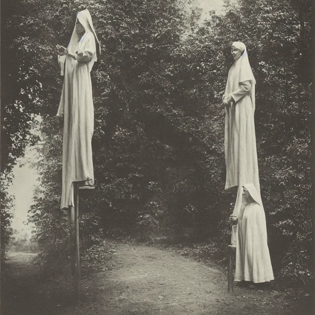 Image similar to old victorian era photograph of a very very tall mysterious nun, amazing depth, cinematic lighting.