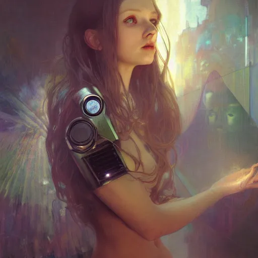 Image similar to hyperrealist portrait of a pretty young female android with large eyes and long hair standing in front of a computer simulation by jeremy mann and alphonse mucha, fantasy art, photo realistic, dynamic lighting, artstation, poster, volumetric lighting, very detailed faces, award winning