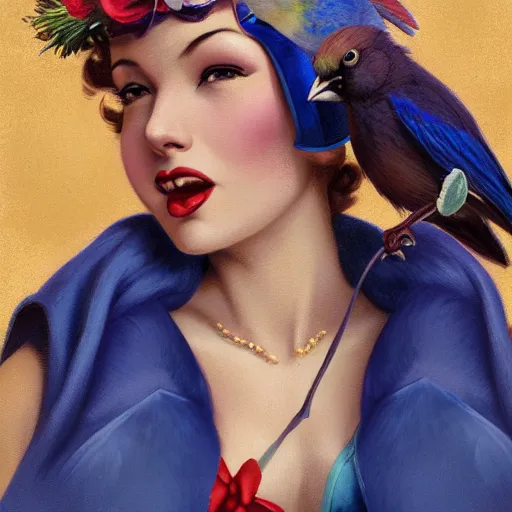 Image similar to pinup girl holding an indigo bunting, bird, the bird is wearing a crown and bowtie by greg rutkowski, rossdraws, gil elvgren, enoch bolles, anime, very coherent