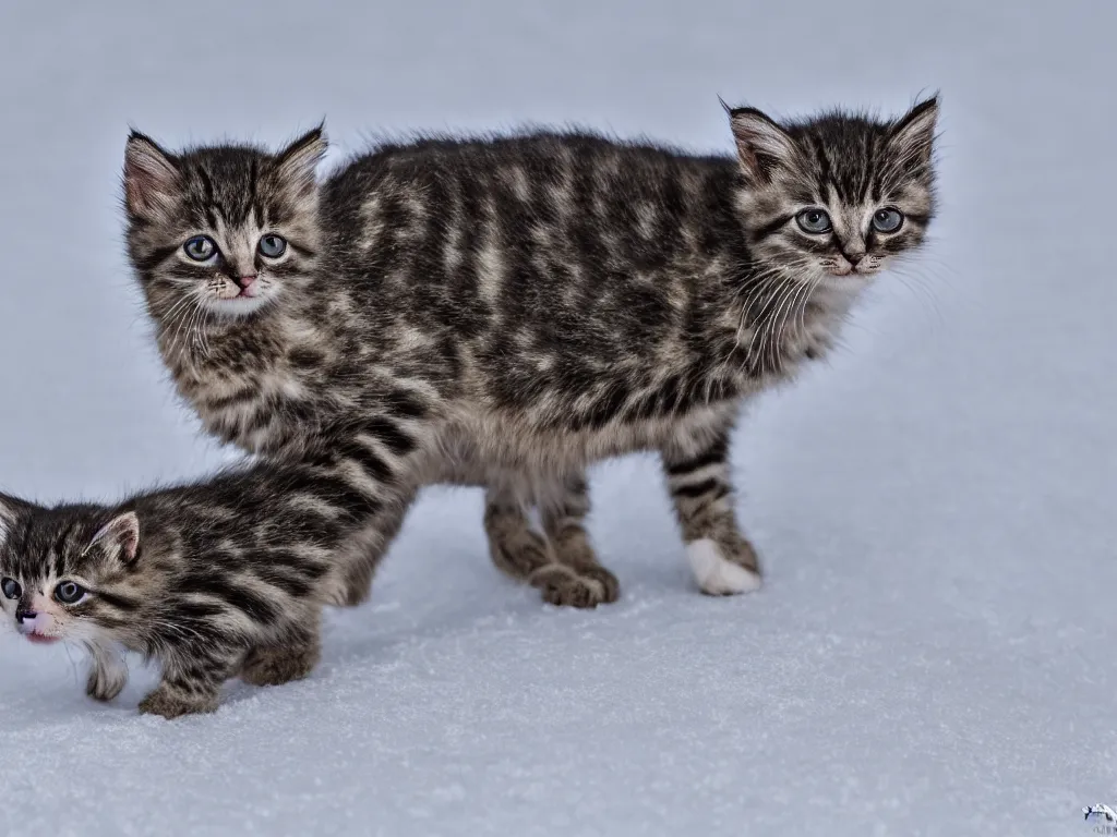 Prompt: A photograph of a kitten walking in the snow .560mm,ISO400,F/9,1/320,Canon EOS 7D Mark II.