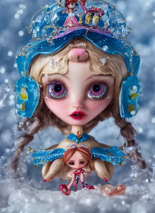 Image similar to closeup profile portrait of tin toy fairytale princess ice snow bikini girl, depth of field, zeiss lens, detailed, symmetrical, centered, fashion photoshoot, by nicoletta ceccoli, mark ryden, lostfish, breathtaking, 8 k resolution, extremely detailed, beautiful, establishing shot, artistic, hyperrealistic, octane render