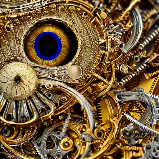 Prompt: a macro photo of a gold and silver mechanical eye, close - up, large intricate iris with gears and filaments, intricate gears and lenses, intricately detailed engravings, intricately detailed markings, intricate textures, warm lighting, vivid colors, realistic octane render, hyper realistic render, volumetric shading, depth of field, raytracing, 8 k,