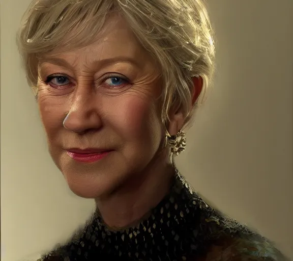 Image similar to a hyper-detailed portrait of Helen Mirren by Craig Mullins; oil on canvas; trending on artstation; 90mm; f/1.4