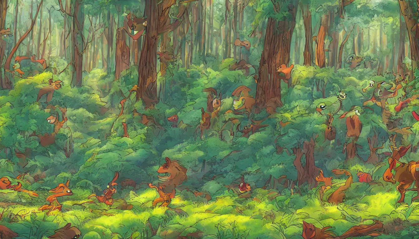 Image similar to a clearing in a forest, Disney cartoon, animation, high detail, colorful