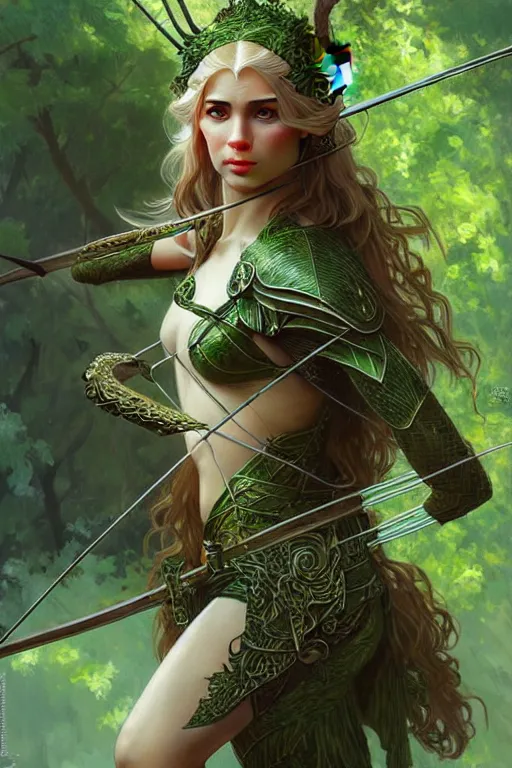 Image similar to male elven Archer armor made of green leaves, fantasy, amber eyes, face, long hair, intricate, elegant, highly detailed, digital painting, artstation, concept art, smooth, sharp focus, illustration, art by artgerm and greg rutkowski and alphonse mucha