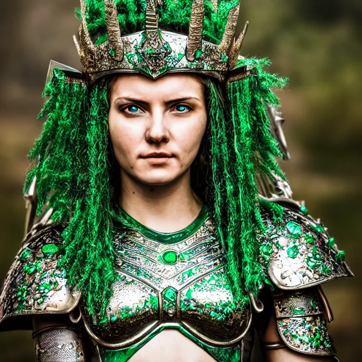 Prompt: photo of a beautiful warrior queen wearing emerald encrusted armour, highly detailed, 4 k, hdr, smooth, sharp focus, high resolution, award - winning photo