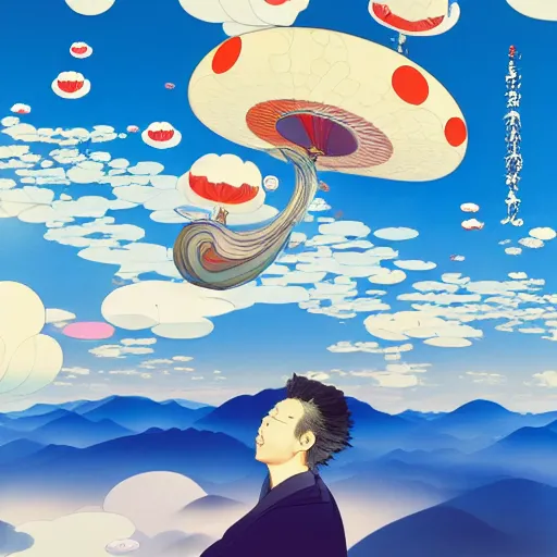 Image similar to a man walking on clouds away from the camera above kyoto by takashi murakami, beeple and james jean, aya takano color style, 4 k, super detailed, modern, 4 k, symmetrical