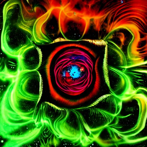 Image similar to lsd hallucination based on award - winning macro of a beautiful black rose made of molten magma and nebulae on black background by harold davis, highly detailed, inner glow, trending on deviantart, artstation and flickr, nasa space photography, national geographic