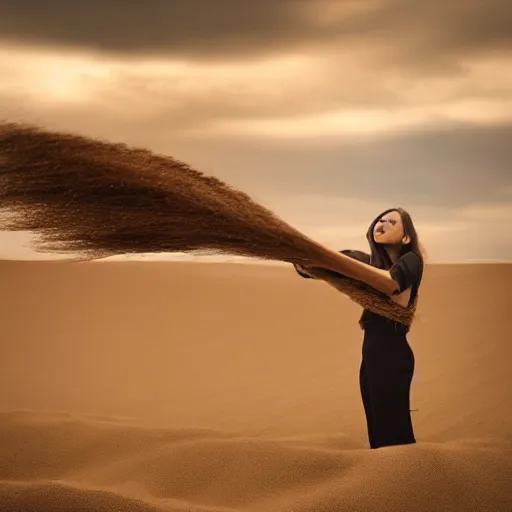 Image similar to A beautiful woman made of sand, blowing away in the wind, high definition photography, professional