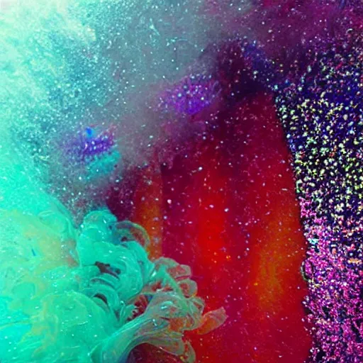 Image similar to glitter and painting mixing underwater turbulence, macro-photography, slow-motion capture