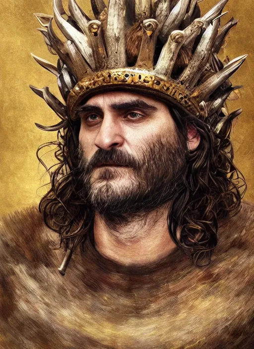 Image similar to a hyper detailed painting of joaquin phoenix with a viking crown, cow horns, pig nose, sheep wool, chicken feather armor, horror, by anna podedworna, by miklos ligeti, by diego maricato, by taran fiddler, by antonino truisi, by chris reddie, by jinsung lim, trending on artstation