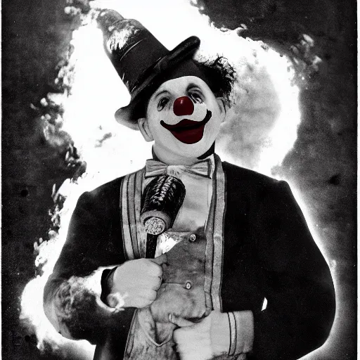 Image similar to old 1920's photograph of an fire breathing clown. Clown wears chaplins clothes. Black and white picture. Highly detailed. High definition. Artstation.