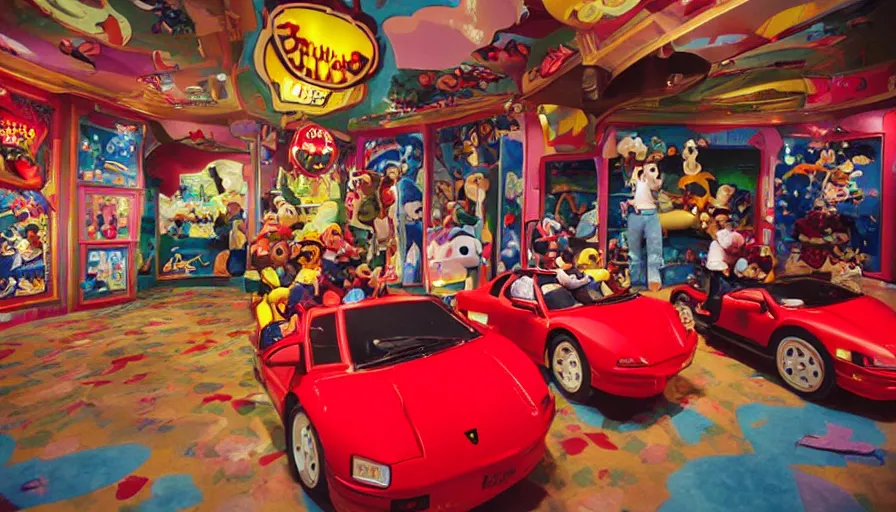 Image similar to 1990s photo of inside the Beanie Baby ride at Universal Studios in Orlando, Florida, children riding in Lamborghini through a Luxurious Mansion, cinematic, UHD