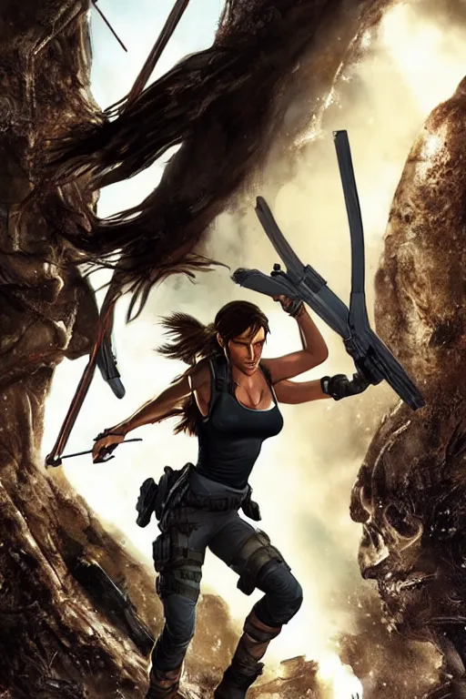 Image similar to Lara Croft on The Avengers, movie poster concept art, photorealistic, detailed