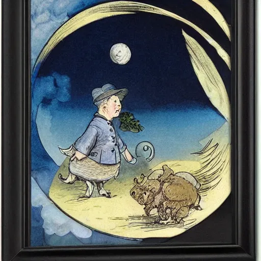 Prompt: dan morris celestial smiling moon talking portrait, side view, surrounded by clouds, illustrated by peggy fortnum and beatrix potter and sir john tenniel