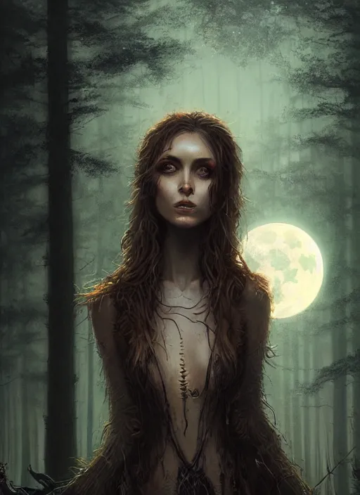 Prompt: close - up face portrait of a beautiful skinny woman as witch in front of the full big moon in a fantasy forest, by james gurney, greg rutkowski, highly detailed digital art, artstation