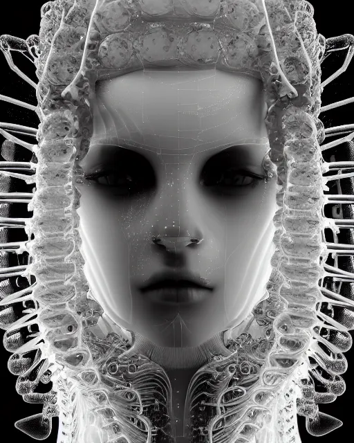 Prompt: mythical dreamy black and white organic translucent bio-mechanical spinal ribbed profile face portrait detail of mechanical beautiful female angelic-snowy-human-cyborg, highly detailed, intricate crystal jelly steampunk ornate, poetic, 3D render, digital art, octane render, 8K artistic photography, photo-realistic, by Dora Maar