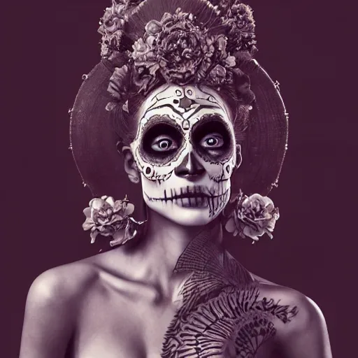 Image similar to the portrait of an absurdly beautiful, graceful, sophisticated, fashionable dia de los muertos gravure idol, an ultrafine hyperdetailed illustration by kim jung gi, irakli nadar, matt wisniewski, tribal makeup, intricate linework, iridescent wiring, porcelain skin, unreal engine 5 highly rendered, global illumination, radiant light, detailed and intricate environment