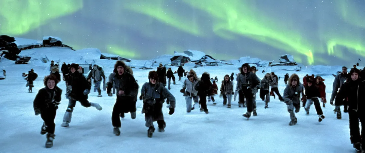 Image similar to filmic extreme wide shot movie still 4 k uhd exterior shot 3 5 mm film color photograph of a crowd of people people running in terror around a village in the antarctic at night with the northern lights lighting up the sky, in the style of the horror film the thing 1 9 8 2