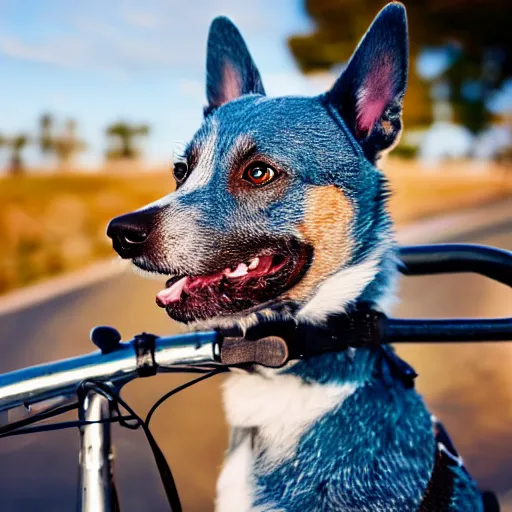 Prompt: blue heeler dog on a bike, 8 k photography, blurred background of a wafflehouse