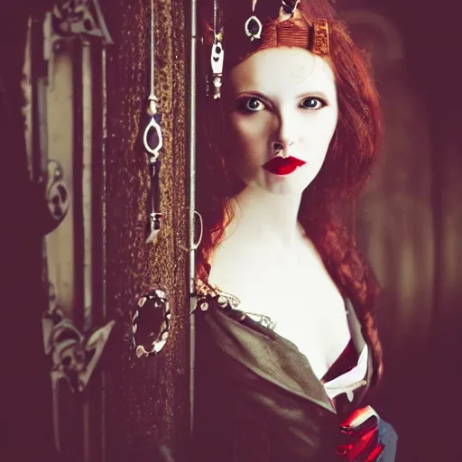 Image similar to A beautiful portrait of a lady vampire, steampunk, photography, 35mm, soft light, cinematic, klimt