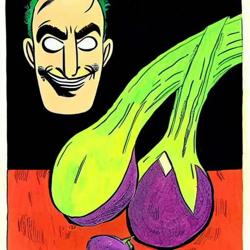 Prompt: eggplant with the face of elon mask, by will eisner,